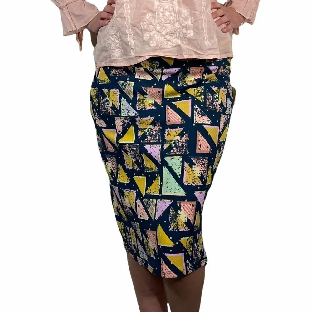 Lula Roe Blue and Yellow Triangle Pattern Skirt